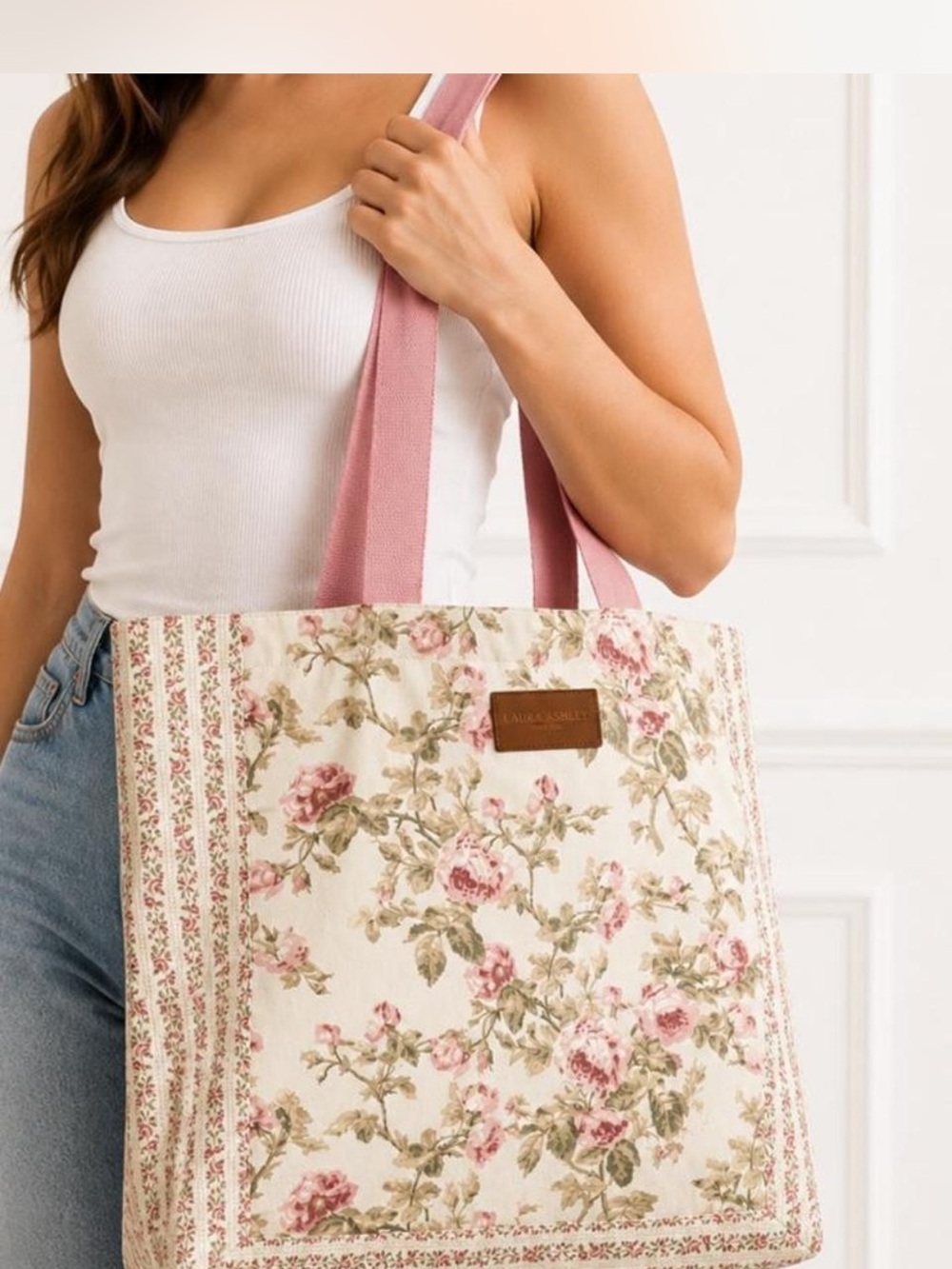 LAURA ASHLEY Floral Canvas Tote Bag with Pink Straps